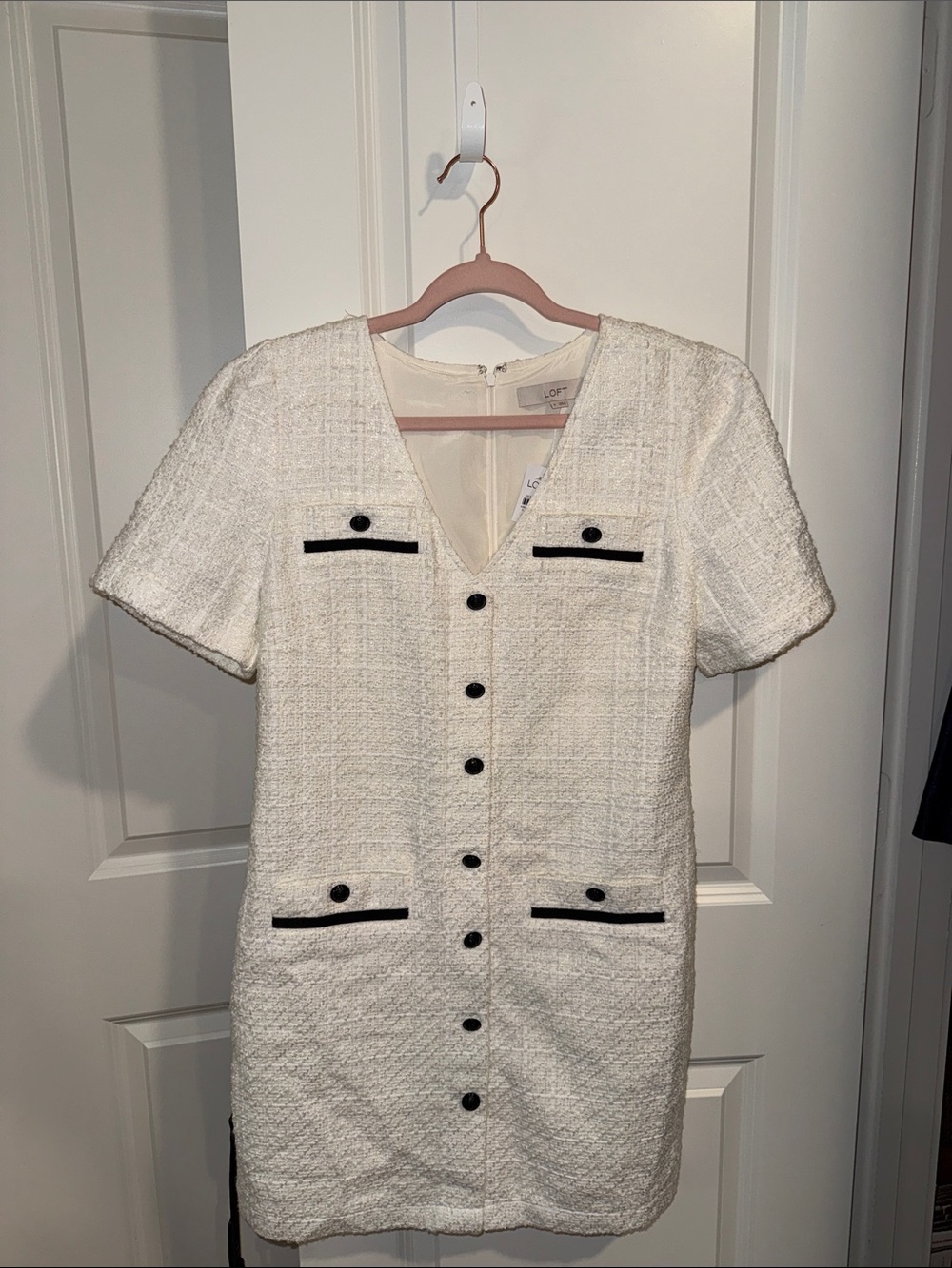 LOFT Cream Tweed Short-Sleeve Button-Front Dress with Black Trim